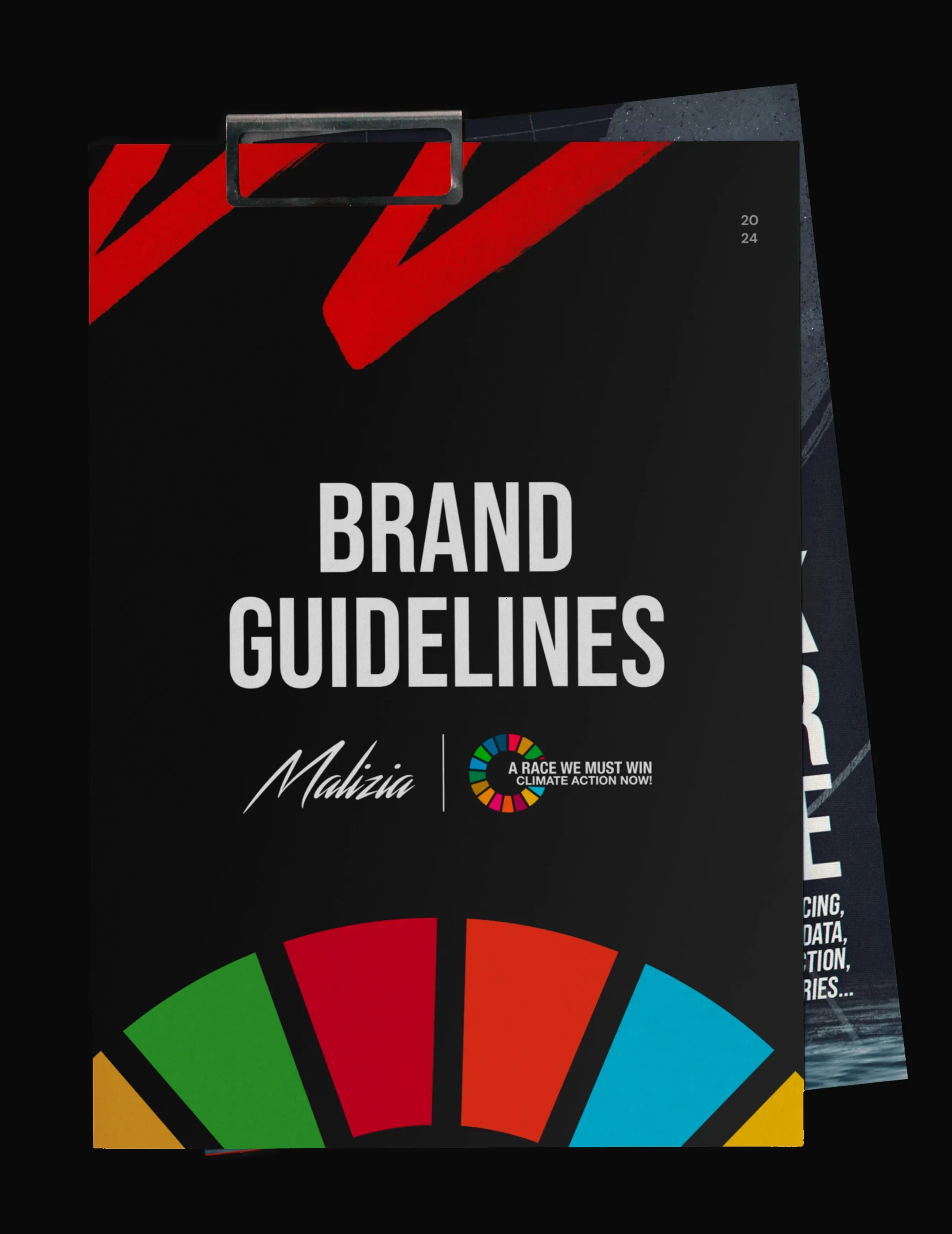 Couverture du brand guidelines de la Team Malizia, bandes de couleurs sur fond noir
