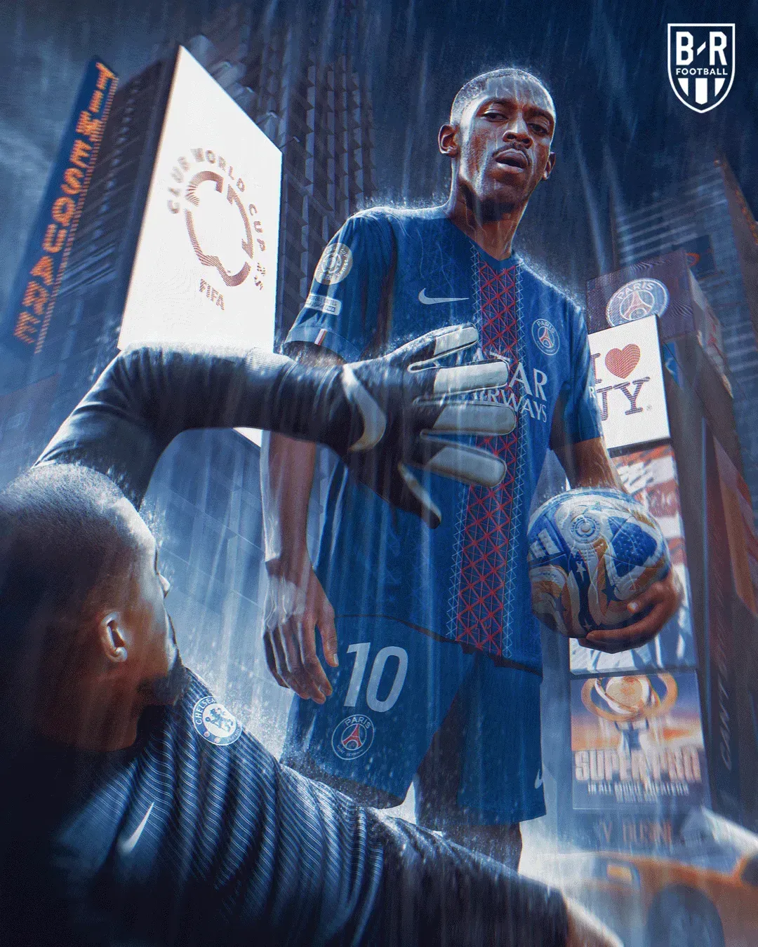 Visuel de but d'Ousmane Dembélé pour Bleacher Report Football, pancarte brandie sous la pluie
