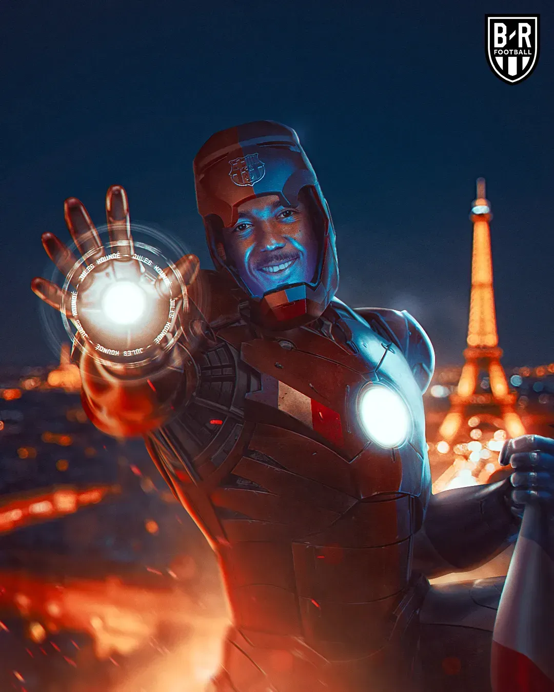 Jules Koundé en Iron Man devant la tour Eiffel, Bleacher Report Football
