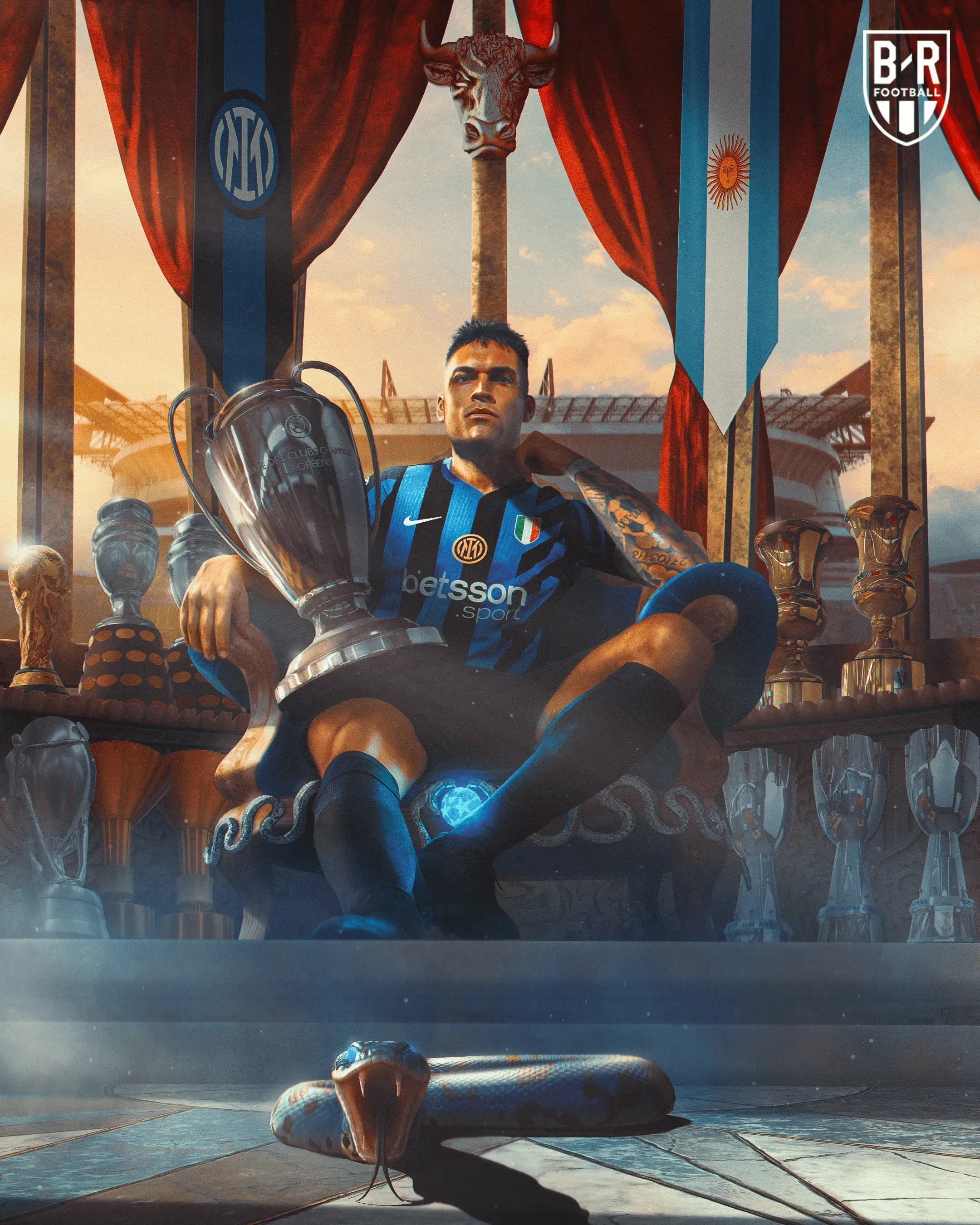 Visuel de victoire de l'Inter Milan, joueur assis à côté du trophée de la Ligue des champions