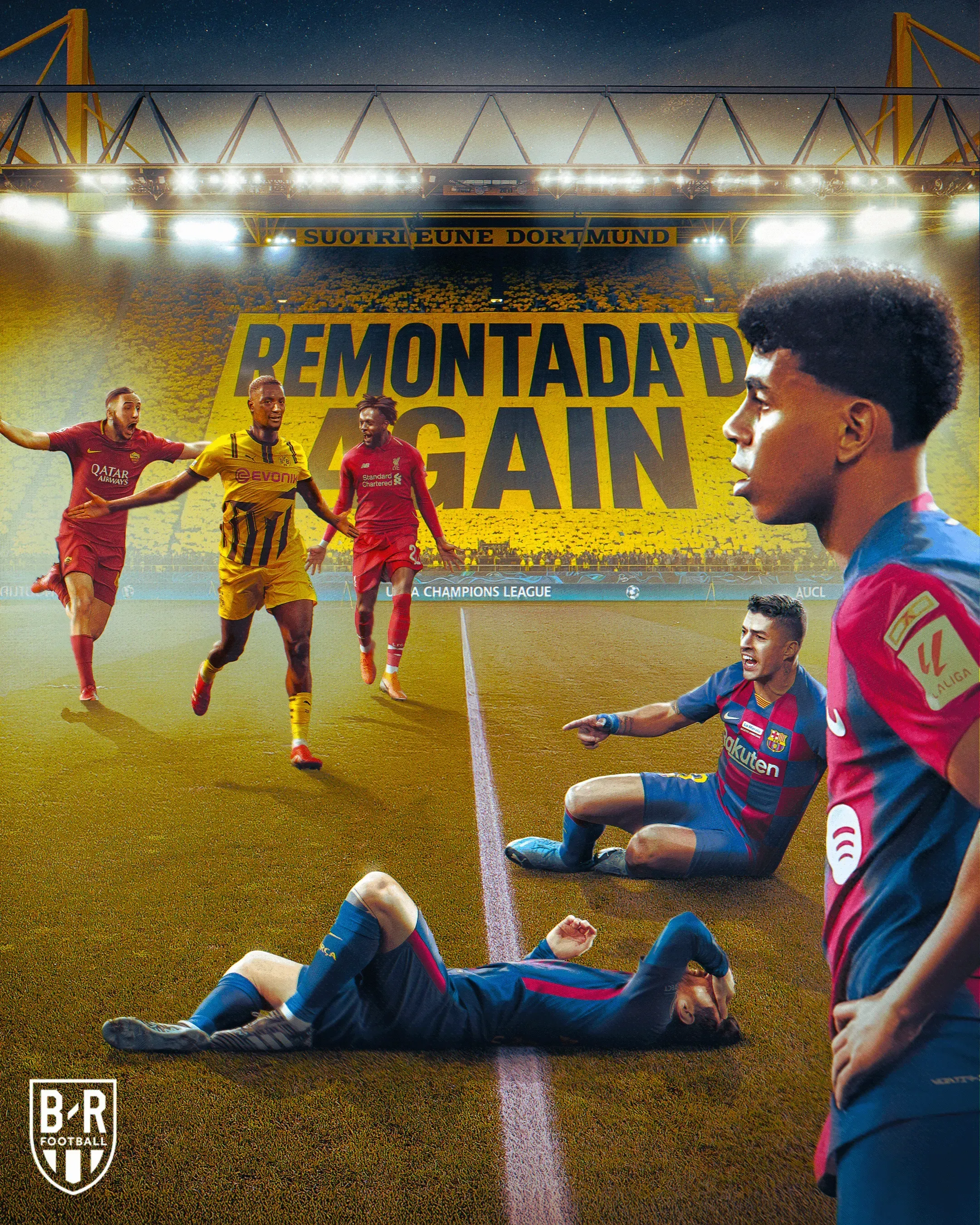 Visuel Remontada'd Again : joueur du FC Barcelone debout face aux joueurs du Borussia Dortmund au sol