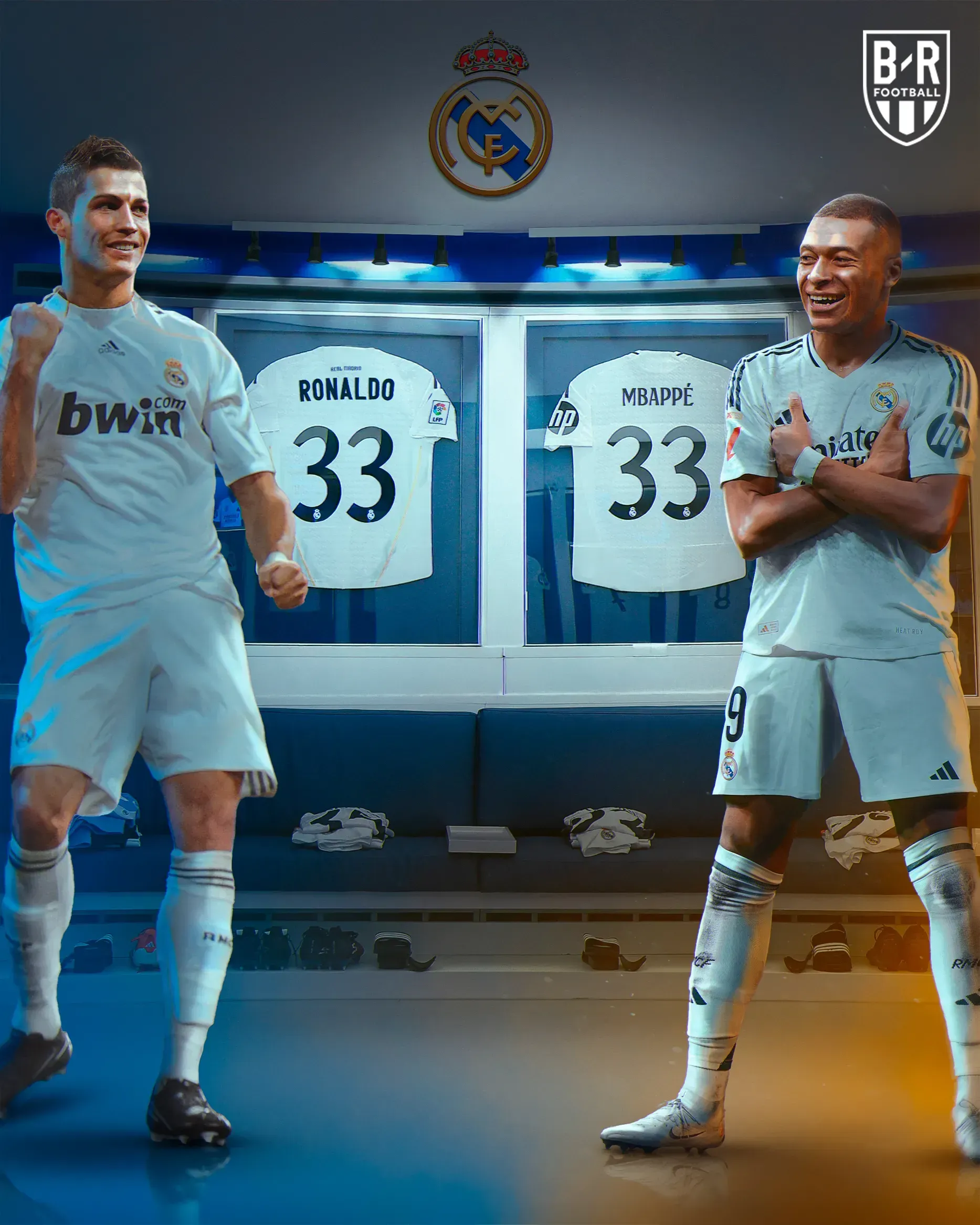 Kylian Mbappé et Cristiano Ronaldo, maillots numéro 33, dans le vestiaire du Real Madrid