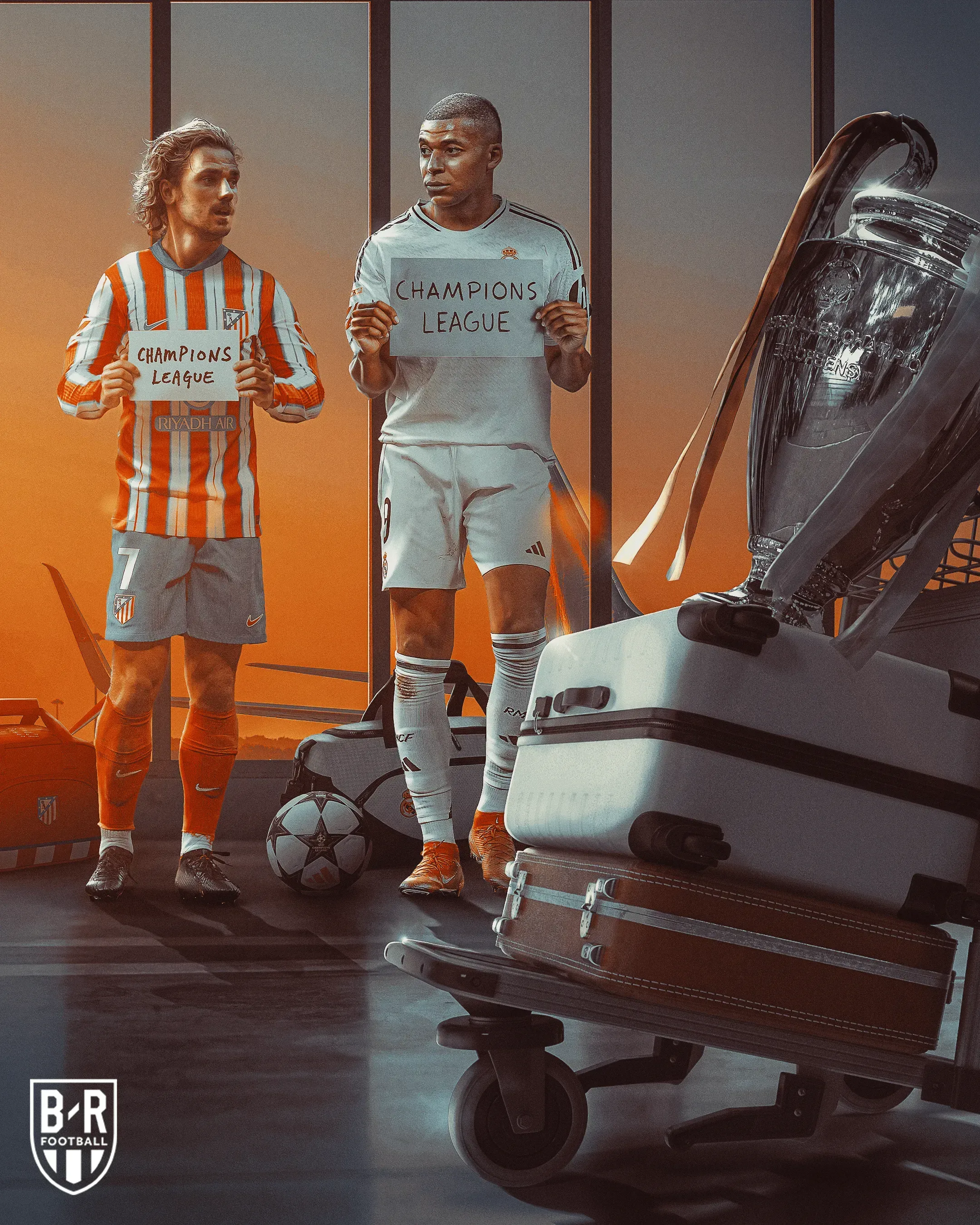 Kylian Mbappé et Antoine Griezmann assis dans une buanderie, trophée de la Ligue des champions à côté