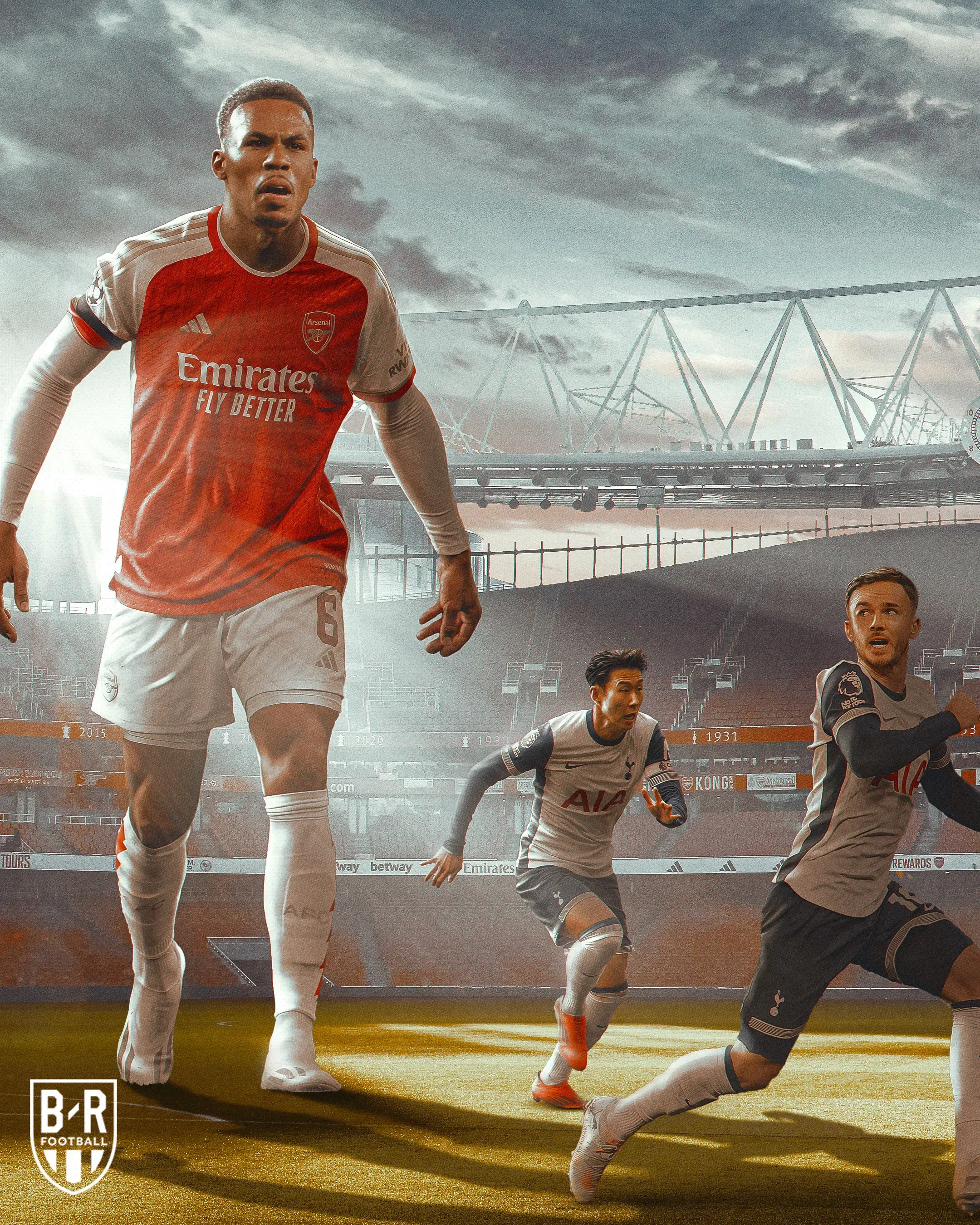 Visuel Arsenal contre Tottenham : joueurs des deux clubs courant côte à côte devant le stade