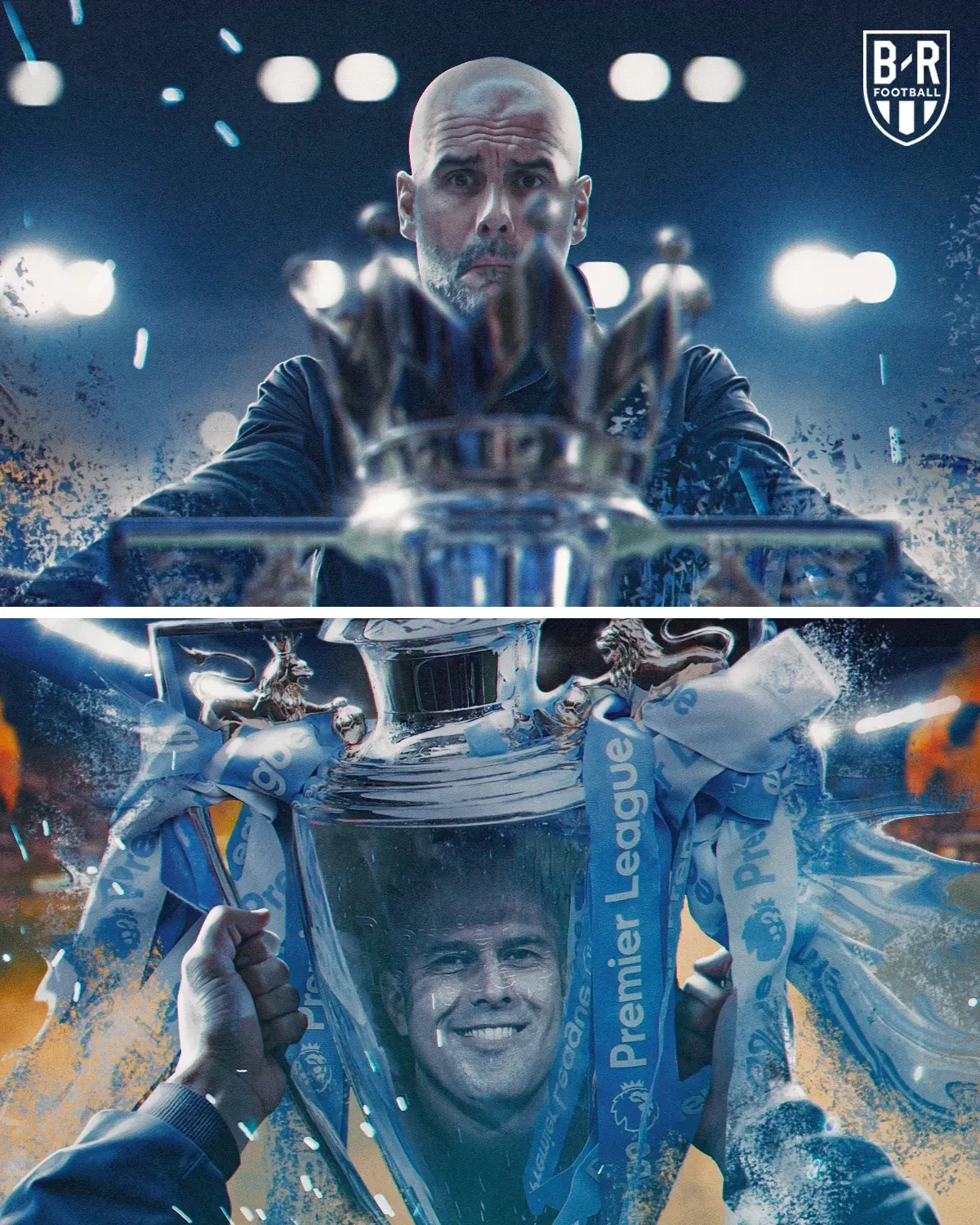 Visuel Liverpool contre Manchester City : le visage de Pep Guardiola composé dans une vague