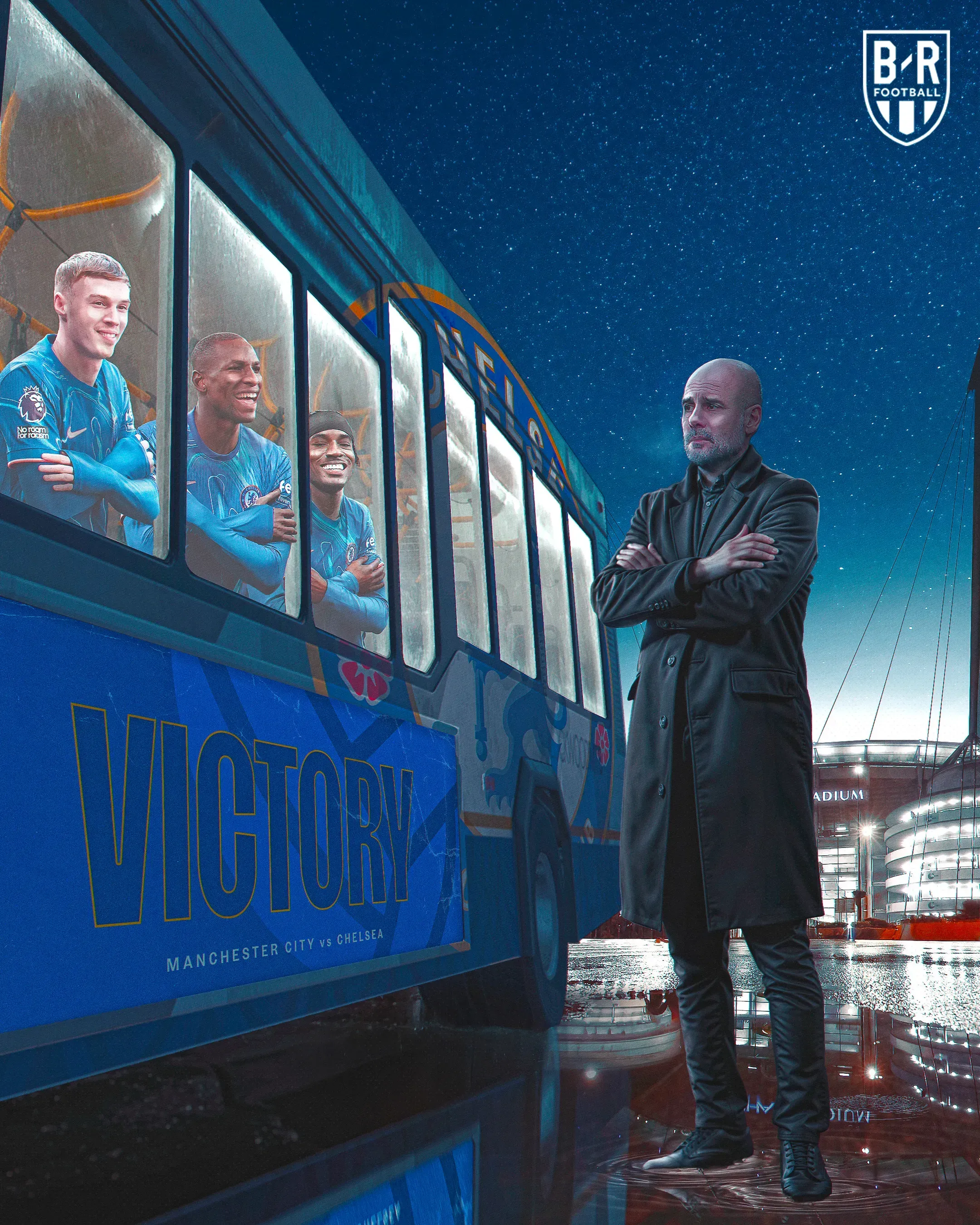Visuel Manchester City contre Chelsea : Pep Guardiola devant un bus aux couleurs du club
