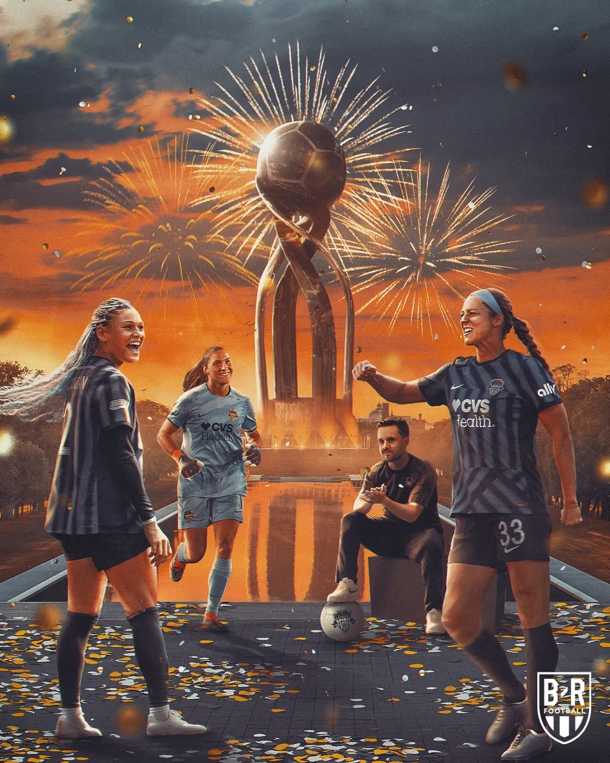 Visuel du trophée de la NWSL entouré des joueuses, décor de coucher de soleil