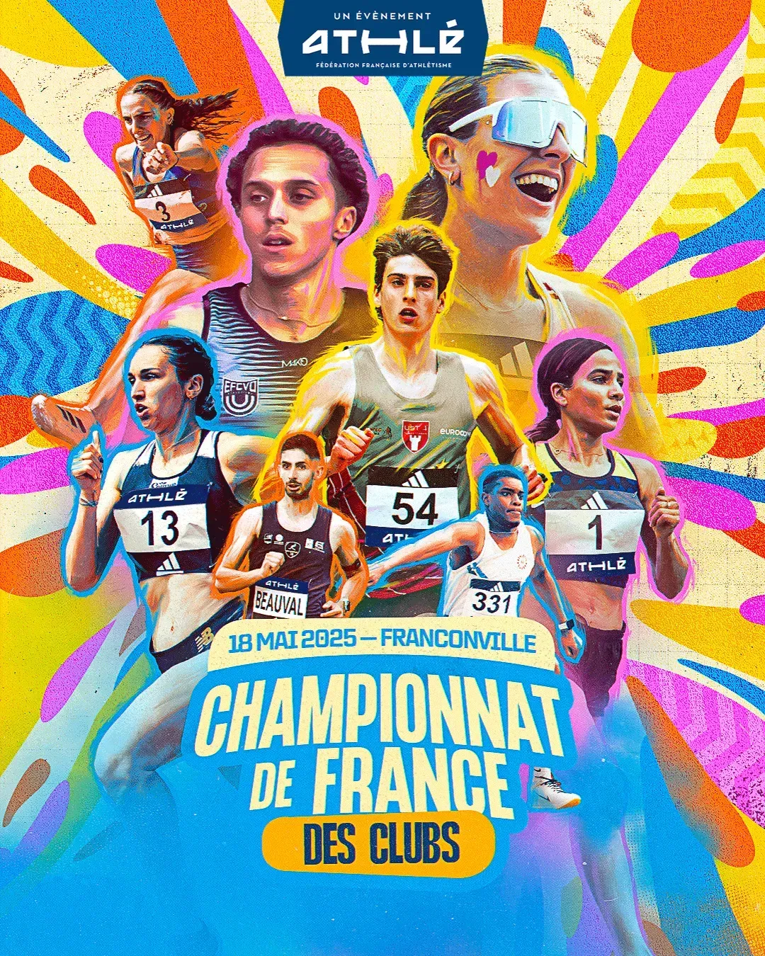 Affiche du Championnat de France des clubs de la FFA, athlètes en action sur fond multicolore