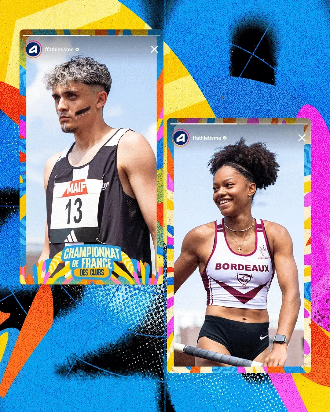Déclinaisons en story du Championnat de France des clubs, portraits d'athlètes découpés