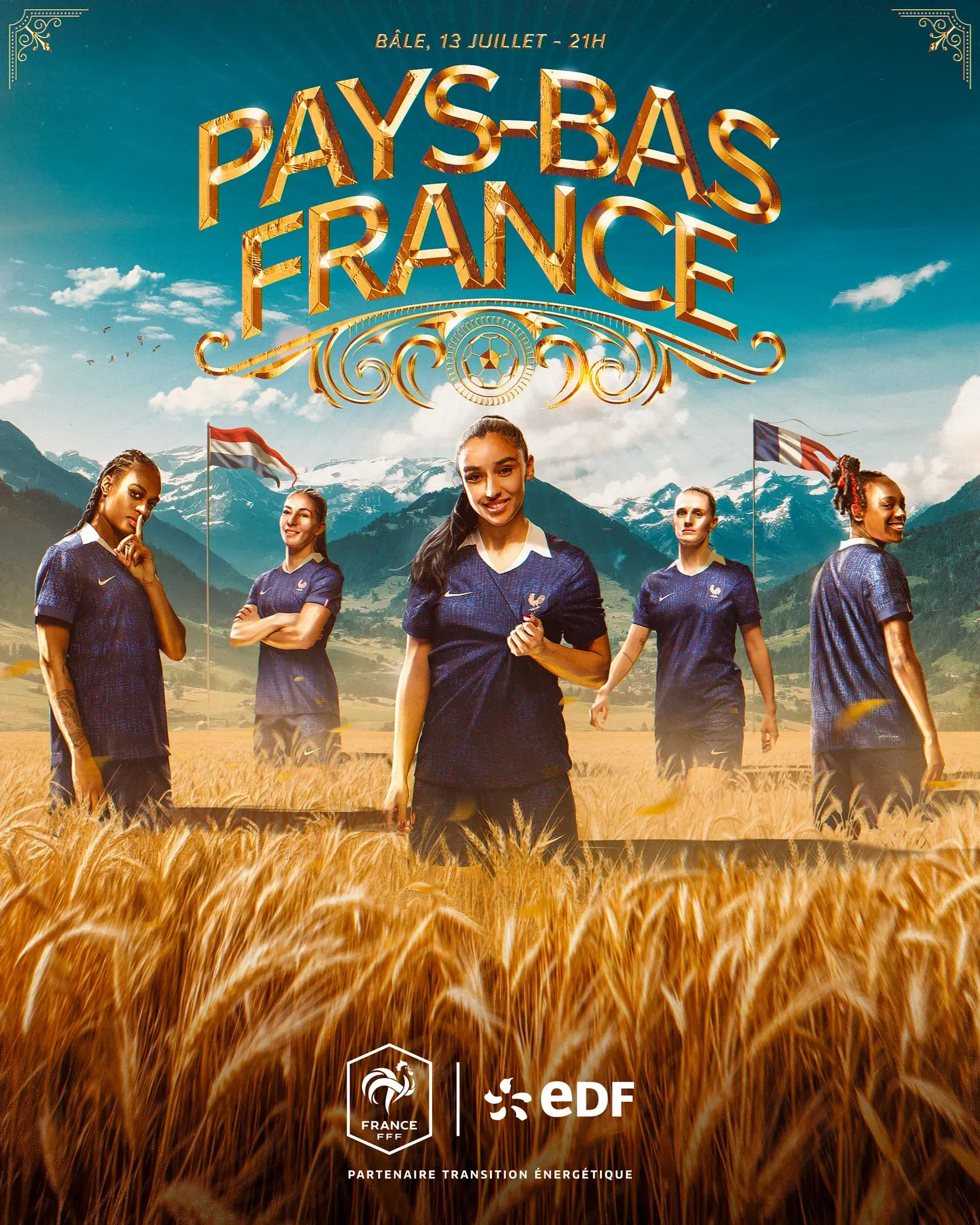 Affiche Pays-Bas - France dans un champ de blé, Euro féminin à Bâle
