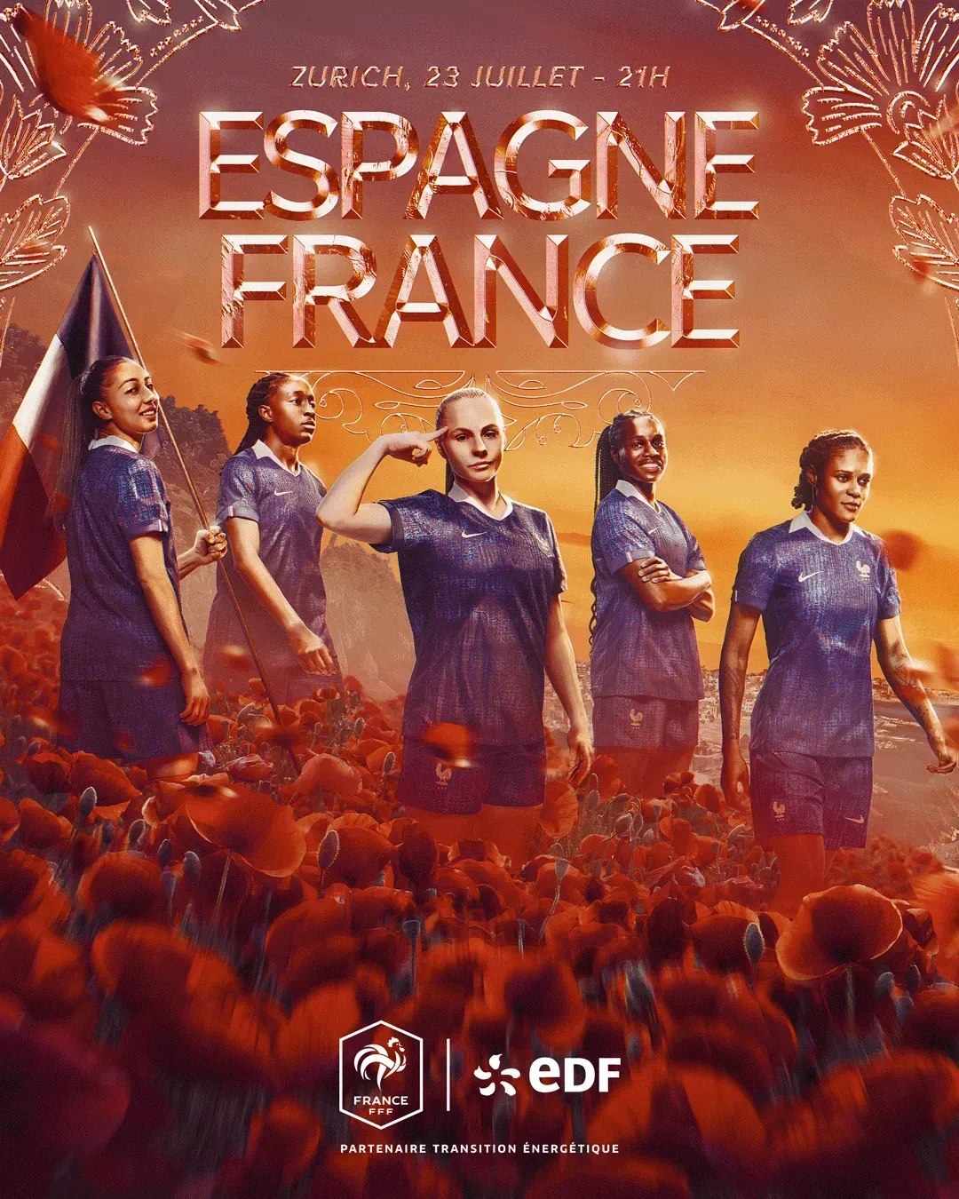Affiche Espagne - France, décor de taureaux et de rouge, Euro féminin