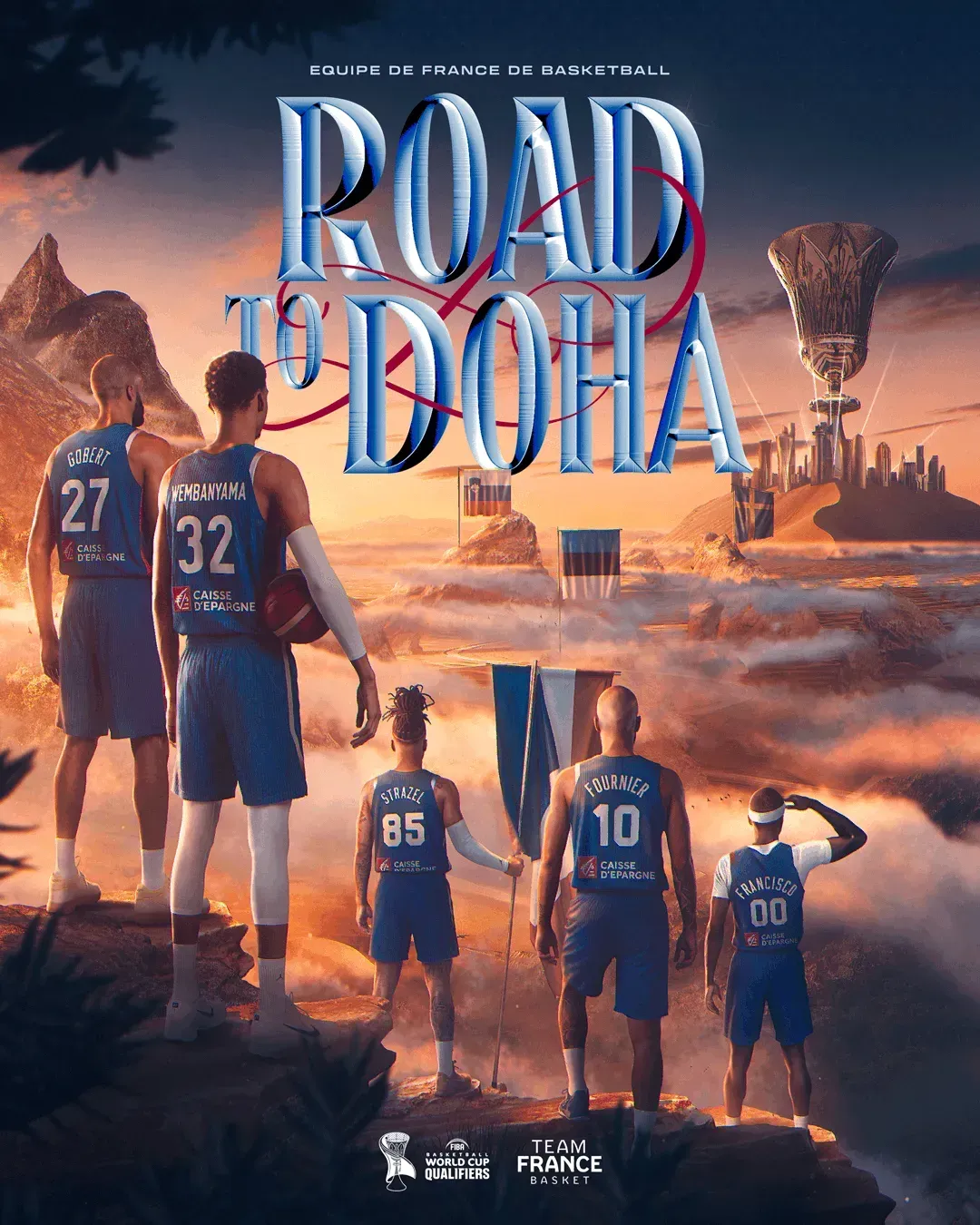 Visuel Road to Doha : les joueurs de l'équipe de France gravissant un décor de nuages