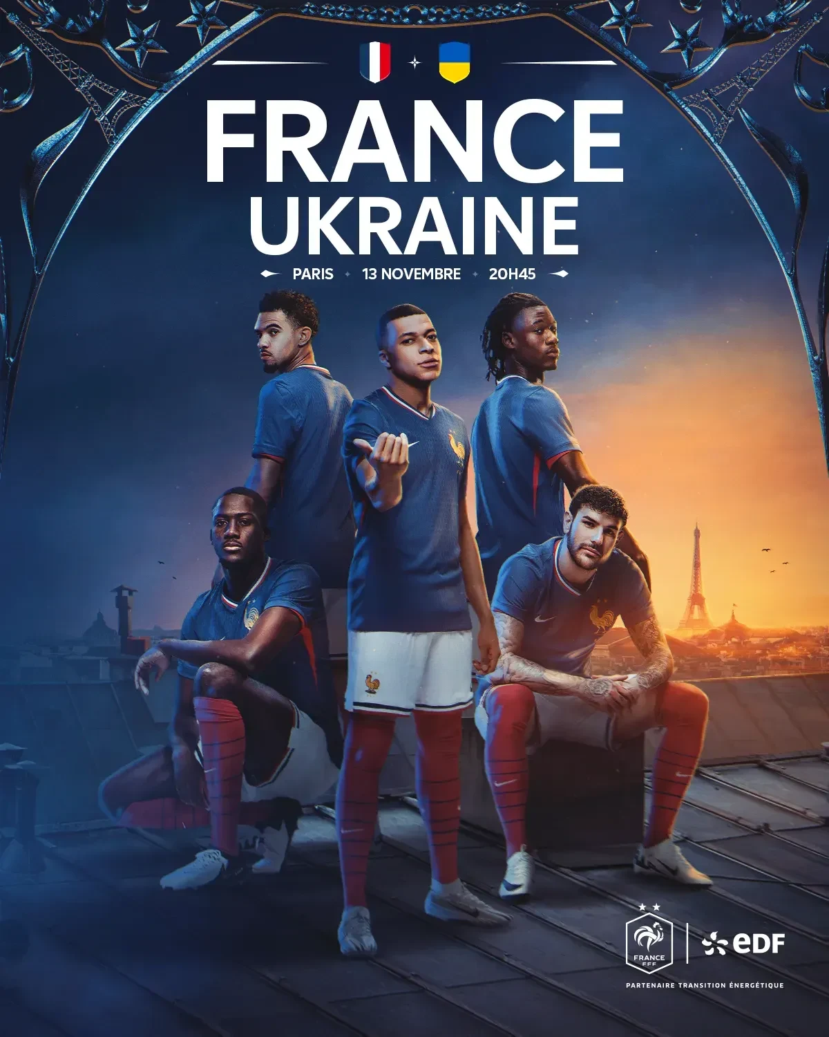 Affiche France - Ukraine, joueurs de l'équipe de France devant un décor industriel