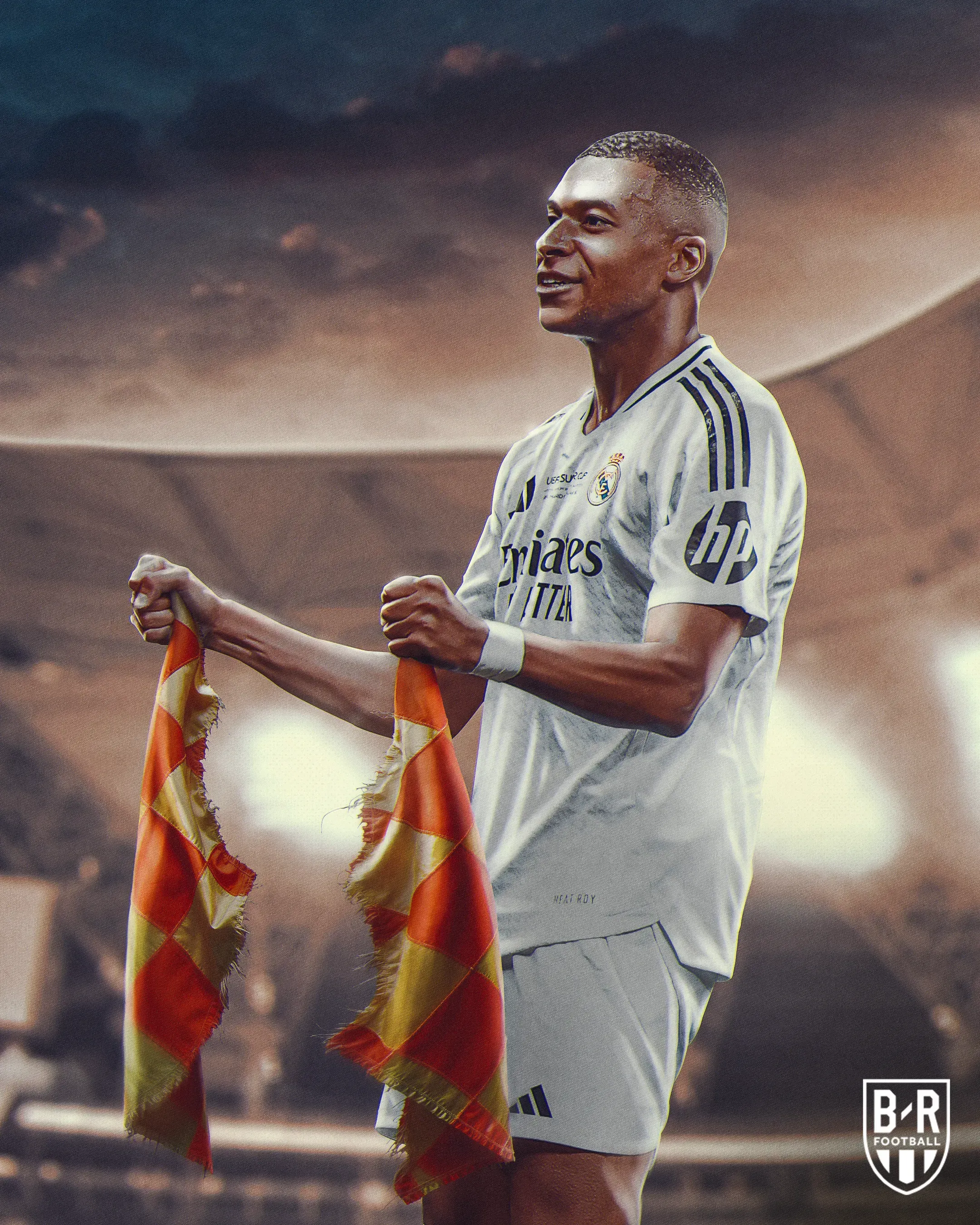 Kylian Mbappé sous le maillot du Real Madrid déchirant un drapeau du FC Barcelone, El Clásico