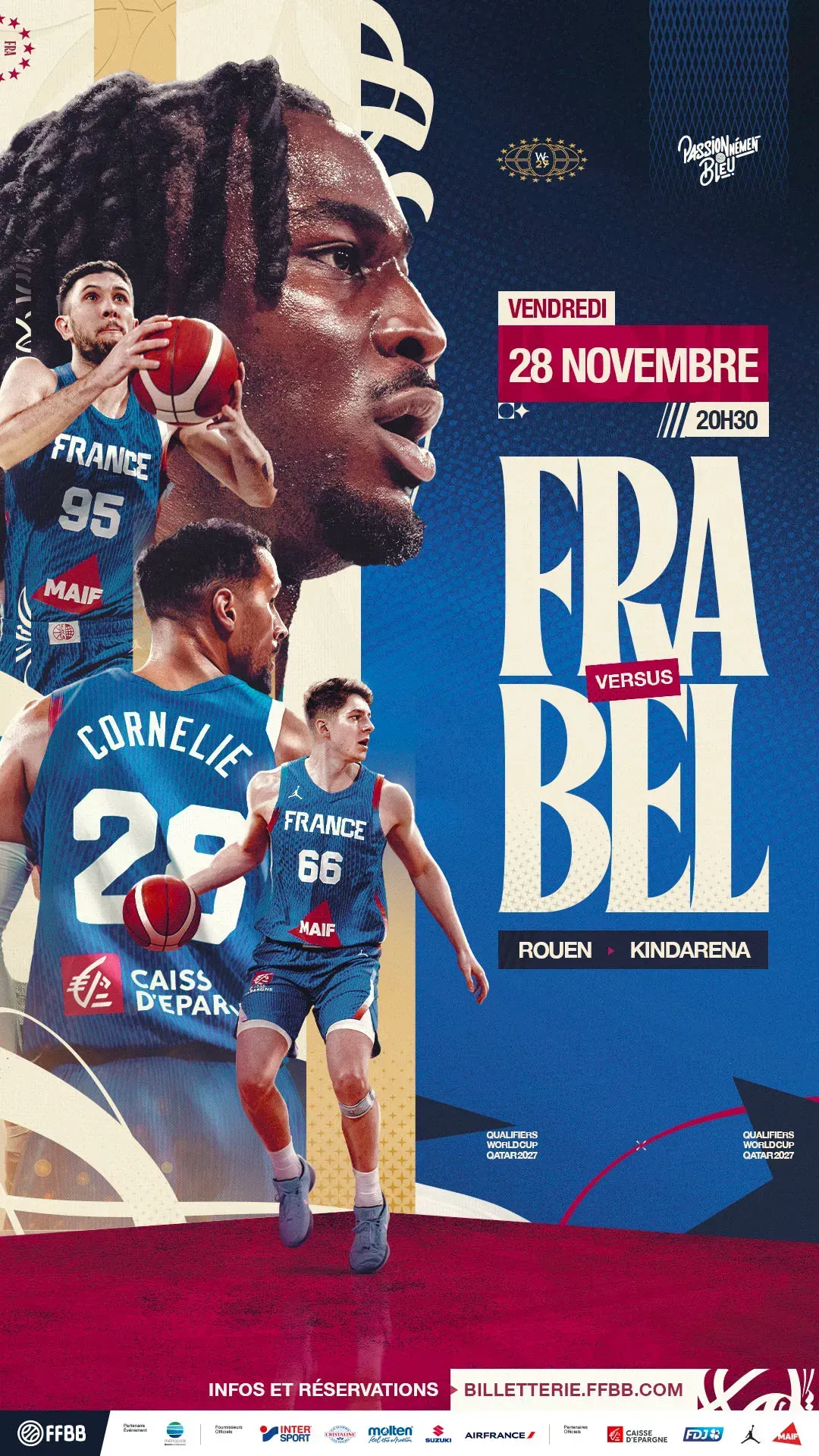 Affiche France contre Belgique du 28 novembre, qualifications Coupe du monde de basket 2027
