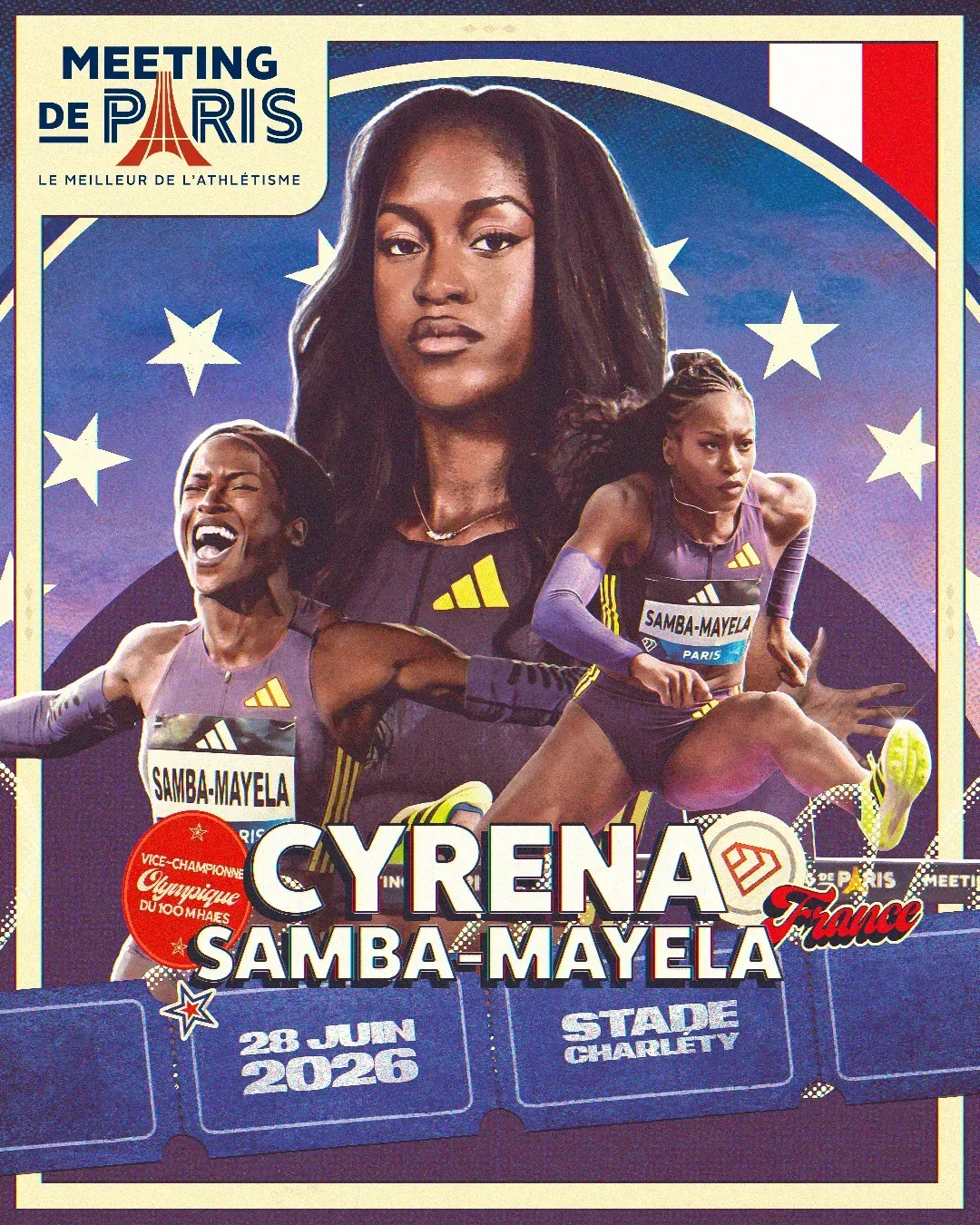 Carte à collectionner Cyréna Samba-Mayela, drapeau français, Meeting de Paris du 28 juin 2026