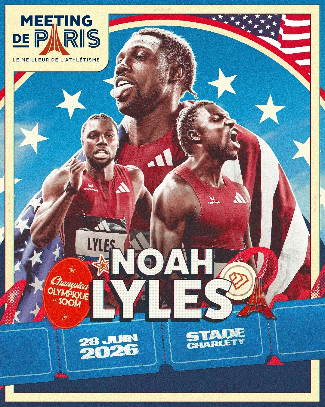 Carte à collectionner Noah Lyles, drapeau américain, Meeting de Paris du 28 juin 2026