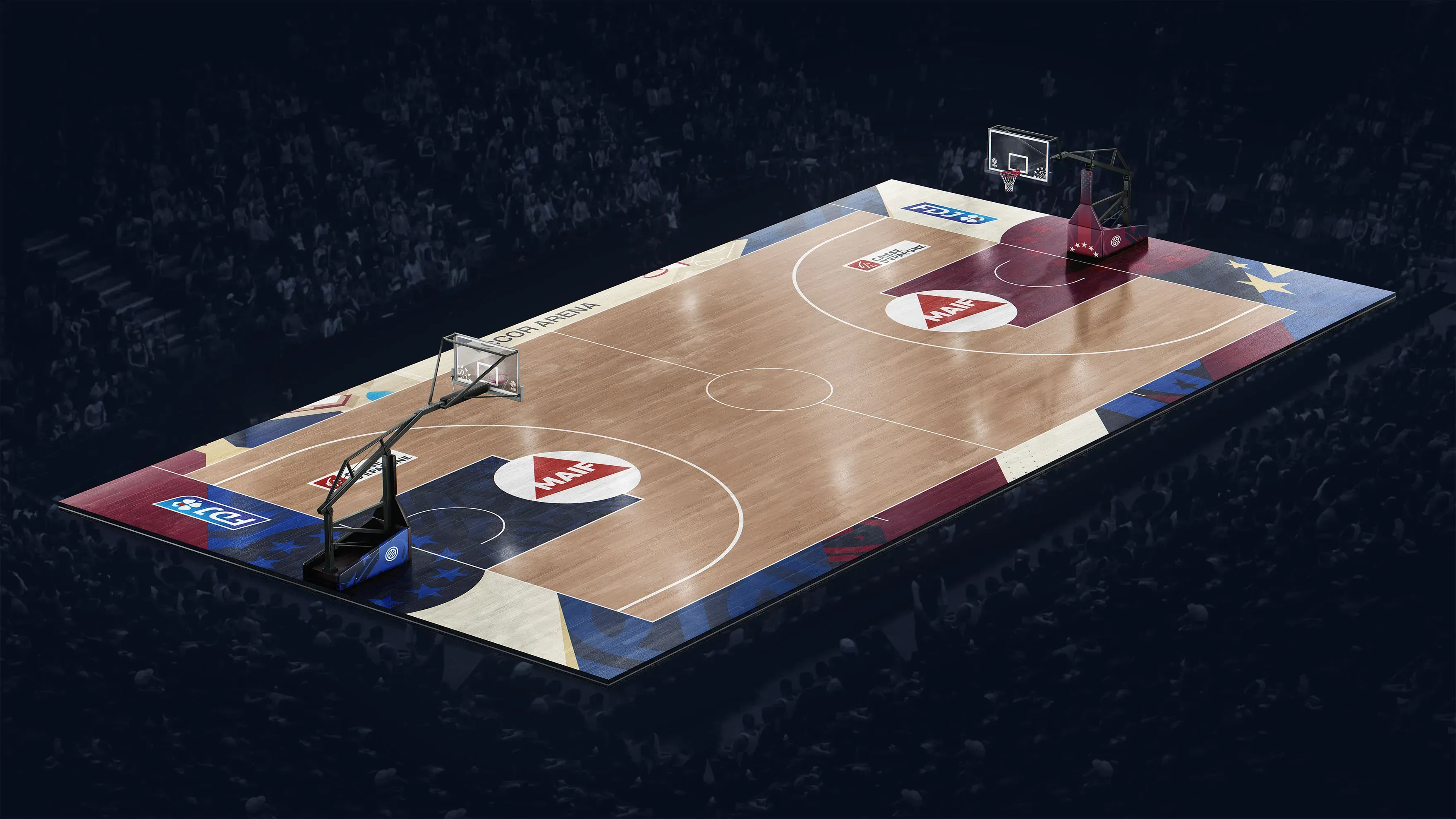 Mise en situation 3D du parquet FFBB dans une salle plongée dans le noir