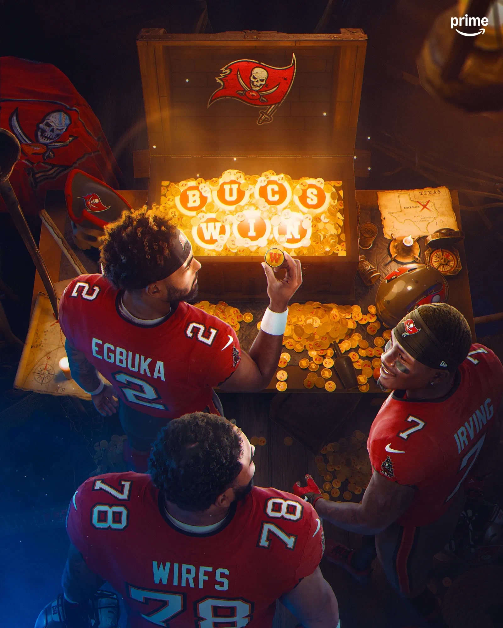 Visuel « Bucs Win » NFL on Prime : Egbuka, Irving et Wirfs des Tampa Bay Buccaneers autour d’un coffre au trésor, Dallas barré sur une carte du Texas