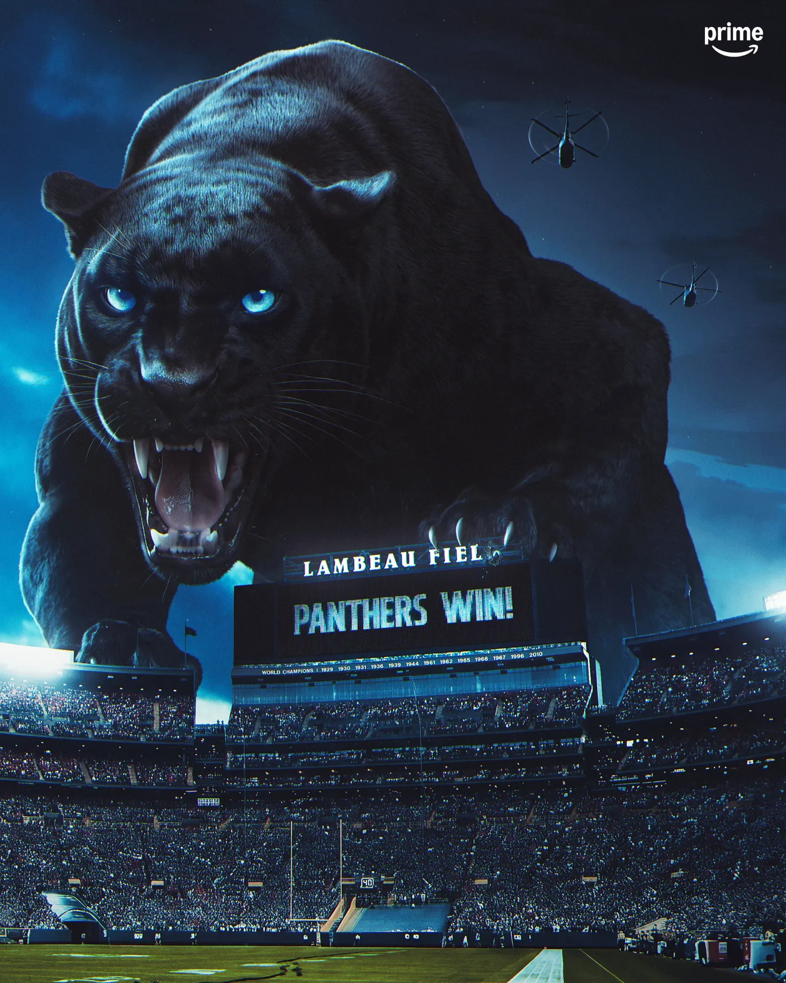 Visuel « Panthers Win » NFL on Prime : panthère noire géante dressée au-dessus de Lambeau Field, « Panthers Win! » sur le tableau d’affichage