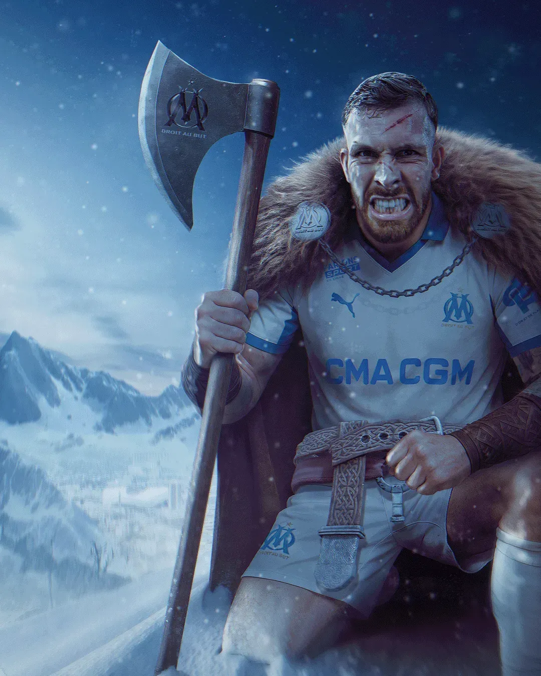Visuel d'anniversaire pour l'Olympique de Marseille : joueur en guerrier viking, hache à la main