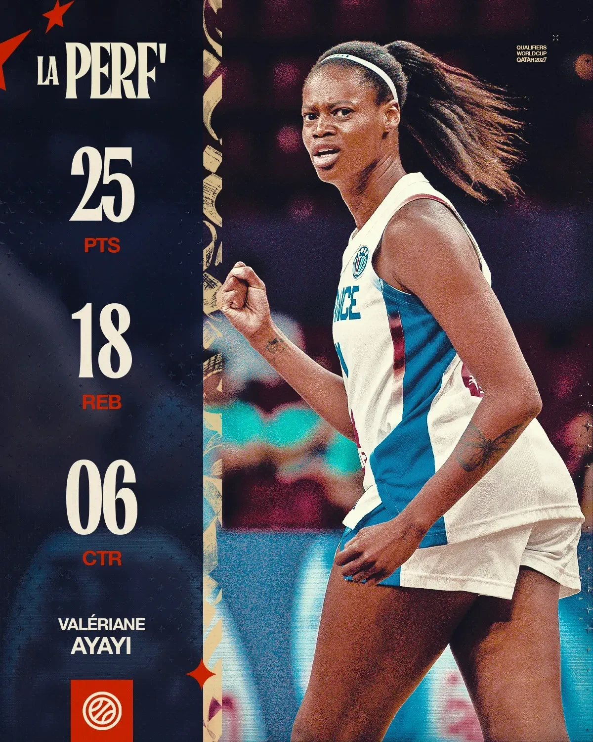 Visuel La Perf de Valériane Ayayi : 25 points, 18 rebonds, 6 passes avec l'équipe de France