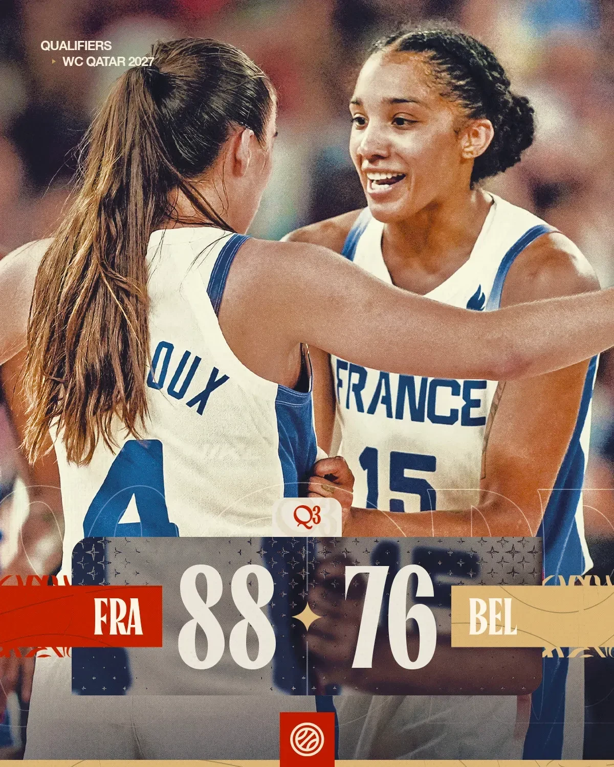 Visuel de score France 88 - Belgique 76, deux joueuses de l'équipe de France en une