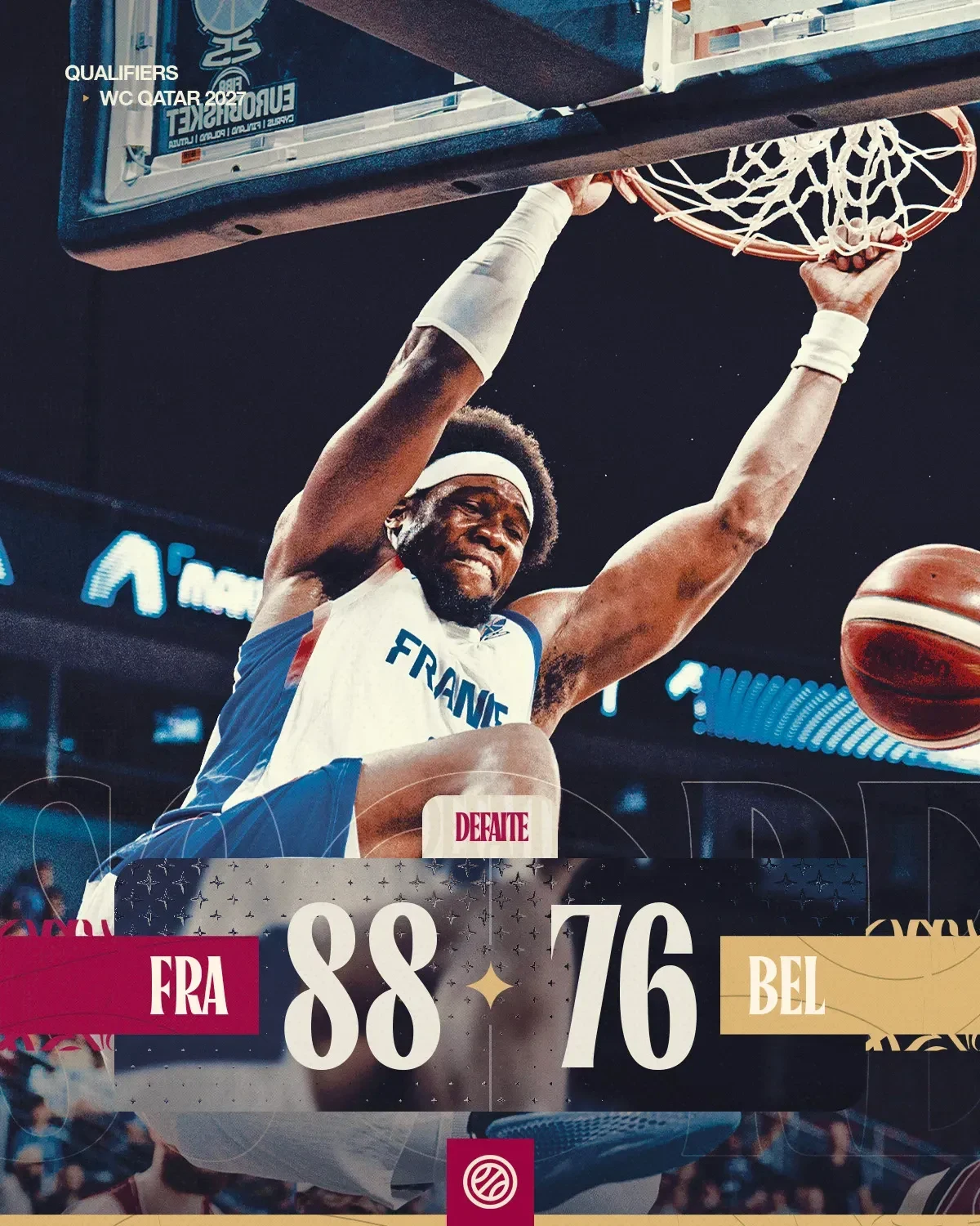 Visuel de score France 88 - Belgique 76 illustré par un dunk de l'équipe de France