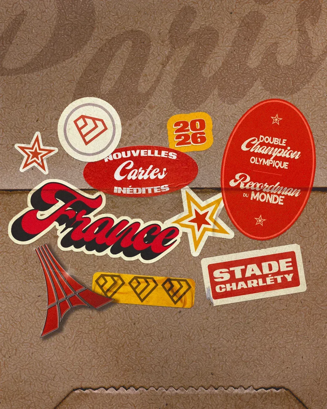 Planche de stickers et badges du Meeting de Paris, univers vintage sur fond beige