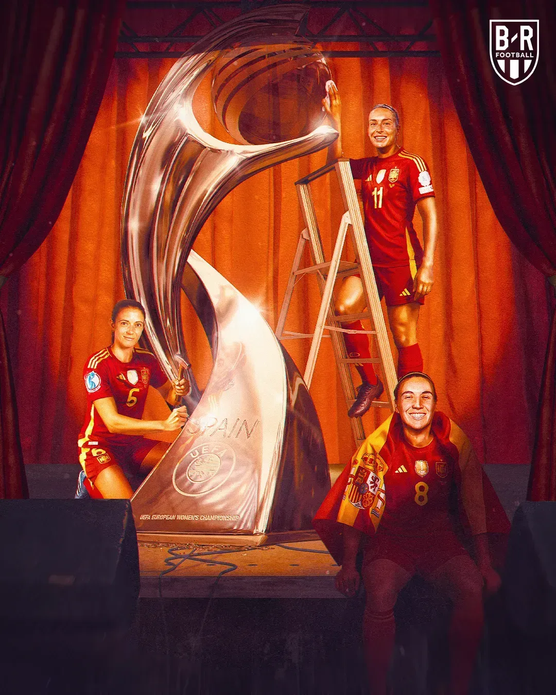 Visuel du trophée de l'Euro féminin 2025 avec les joueuses espagnoles sur une scène de théâtre