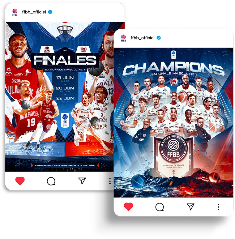 Aperçu des publications Instagram Finales et Champions affichées sur deux smartphones