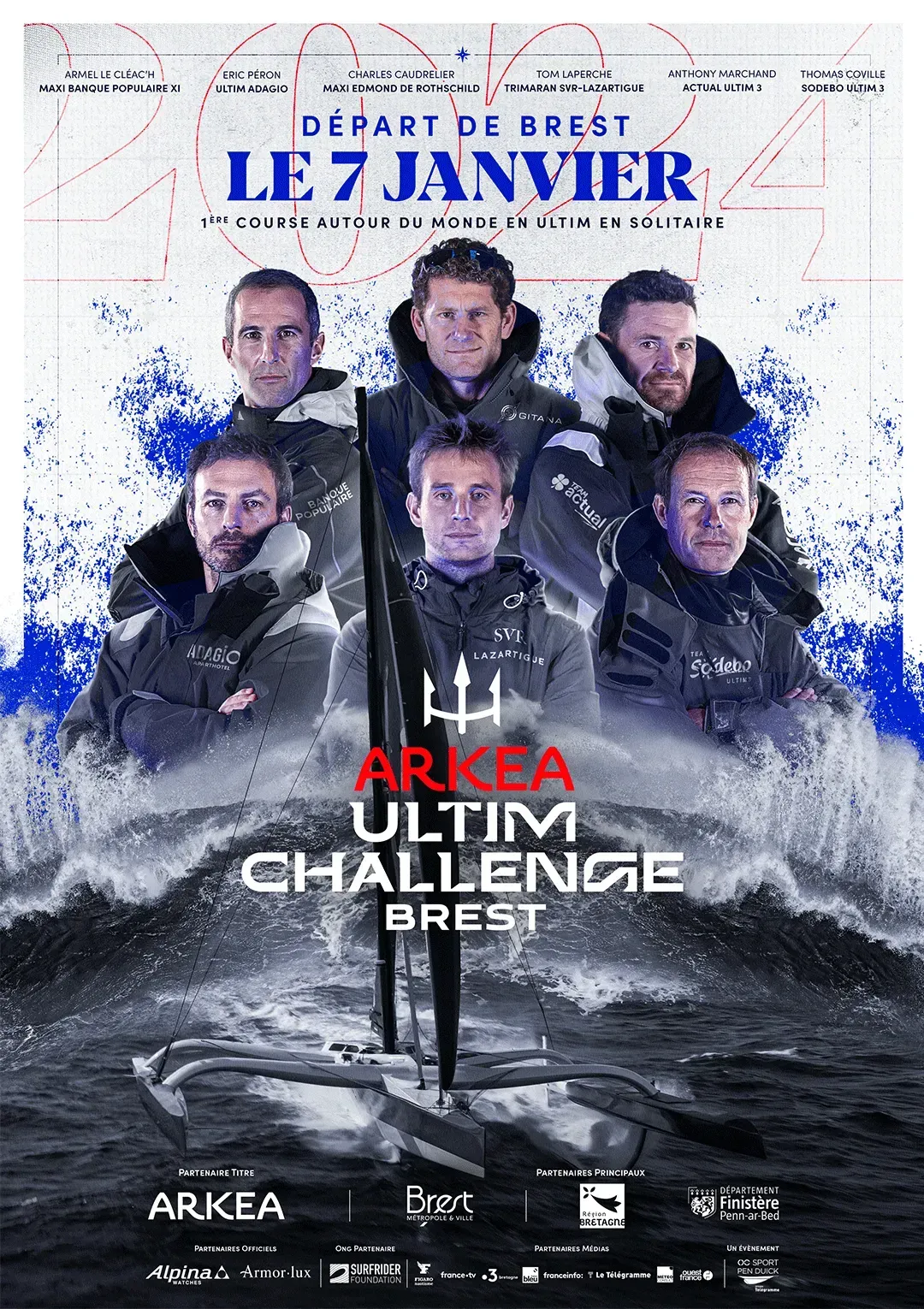 Affiche officielle de l'Arkea Ultim Challenge, départ de Brest le 7 janvier, skippers et trimarans