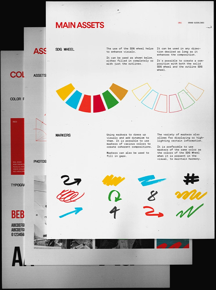 Pages Main Assets du brand guidelines de la Team Malizia : palette, pictogrammes et typographies