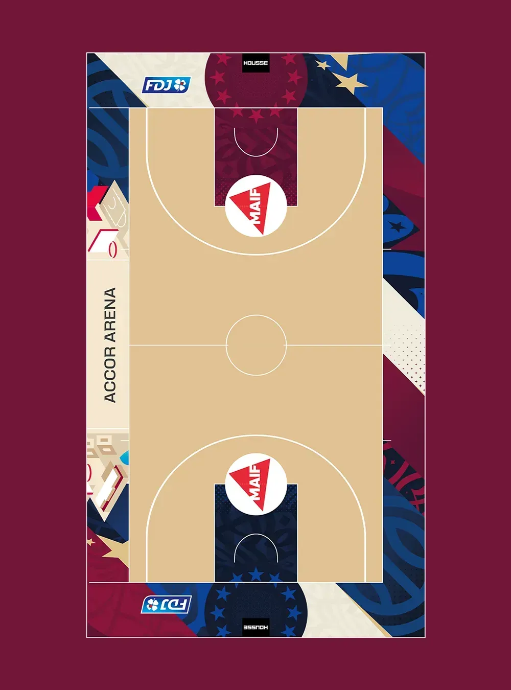 Design du parquet vu du dessus, logos et zones aux couleurs de l'équipe de France