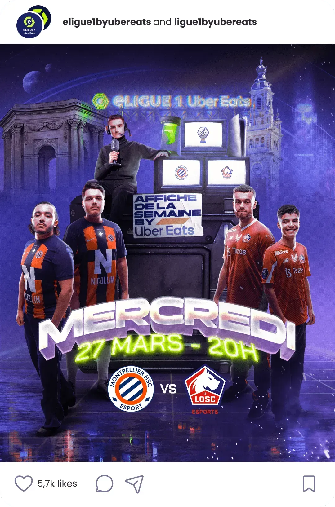 Publication Instagram de l'affiche eLigue 1 Montpellier contre Lille du mercredi 27 mars à 20h