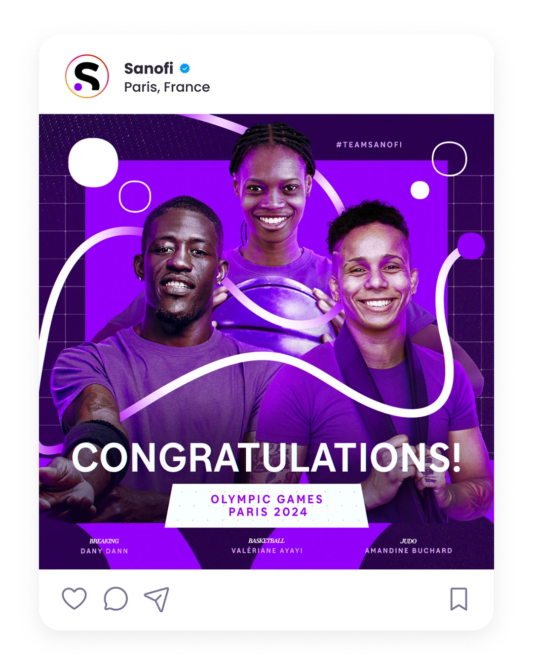 Publication Instagram Congratulations félicitant les athlètes olympiques de la Team Sanofi