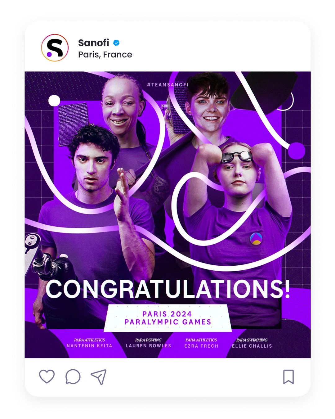 Publication Instagram Congratulations félicitant les athlètes paralympiques de la Team Sanofi